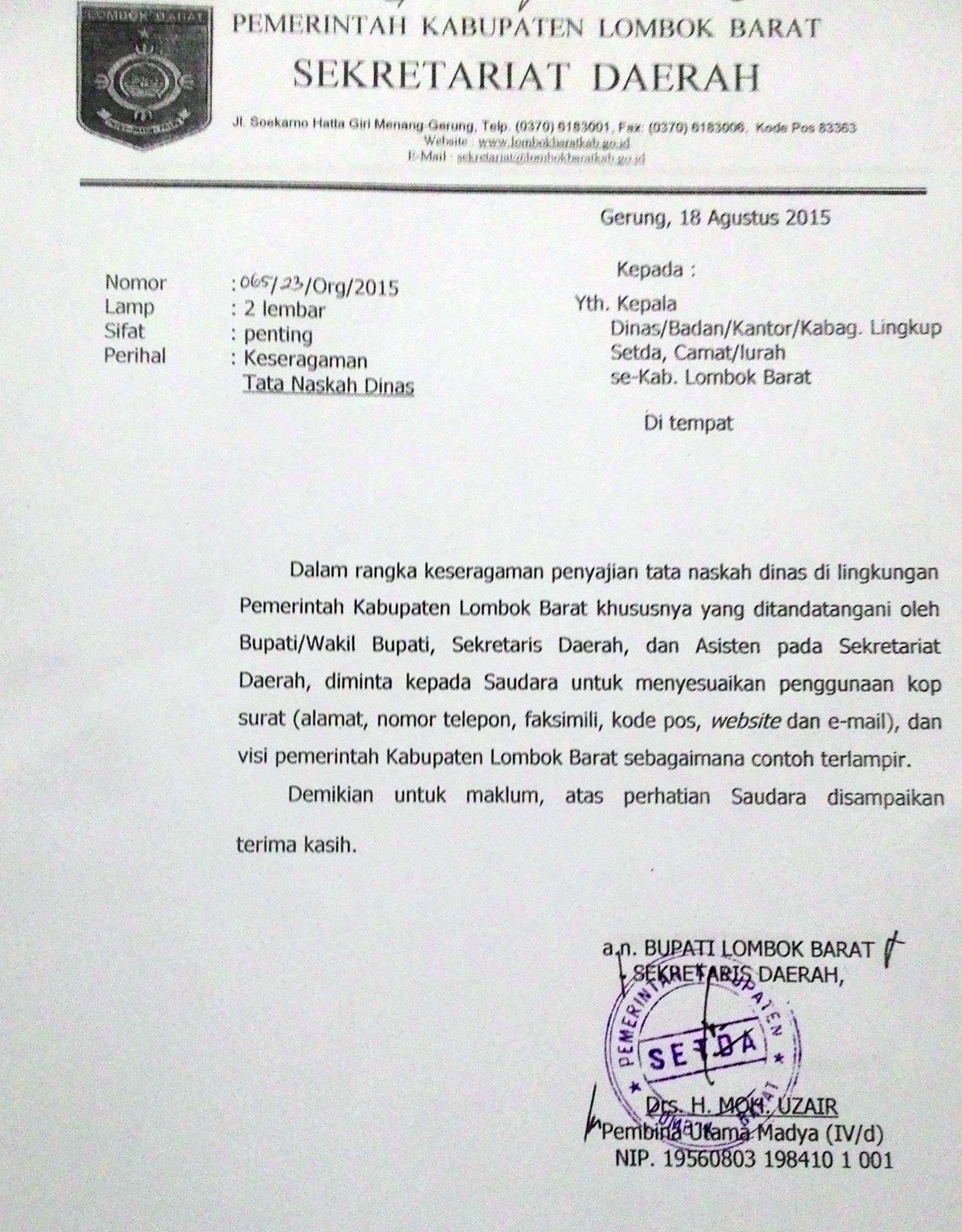 Keseragaman Tata Naskah Dinas Kabupaten Lombok Barat
