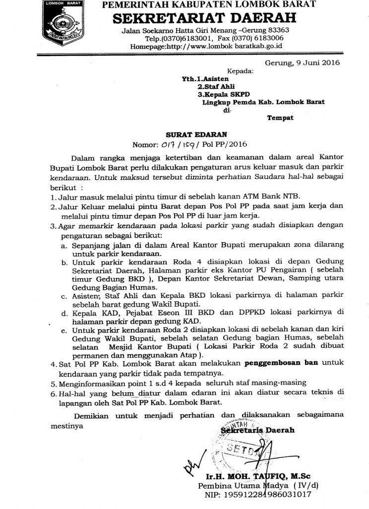 Surat Edaran Menjaga Ketertiban Dan Keamanan Dalam Areal Kantor Kabupaten Lombok Barat