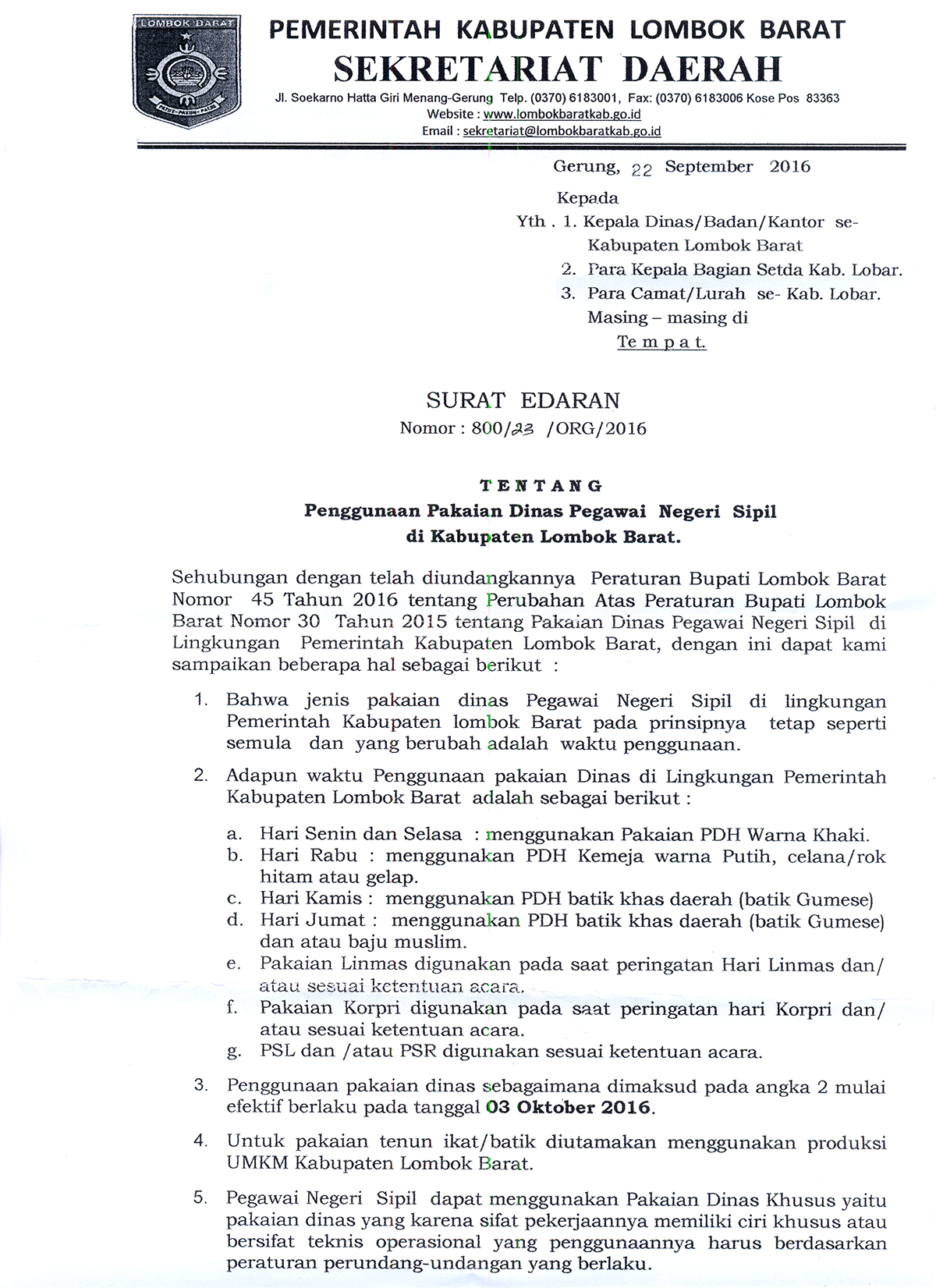 Surat Edaran Tentang Penggunaan Pakaian Dinas Pns Di Kabupaten Lombok Barat Kabupaten Lombok Barat